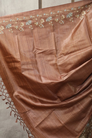 Brown Machine Embroidered Tussar Silk Saree - SRBMETSS927