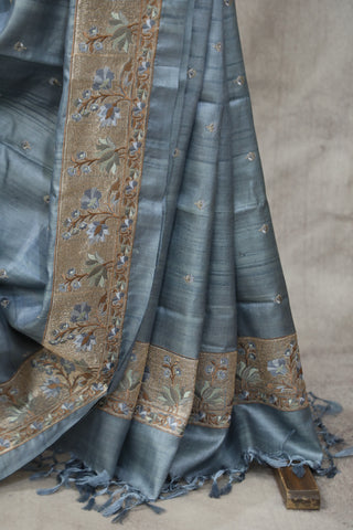 Teal Grey Machine Embroidered Tussar Silk Saree - SRTGMETSS928