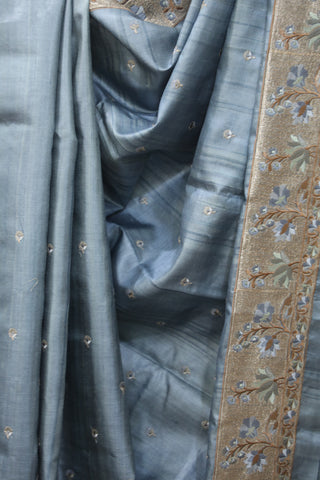 Teal Grey Machine Embroidered Tussar Silk Saree - SRTGMETSS928