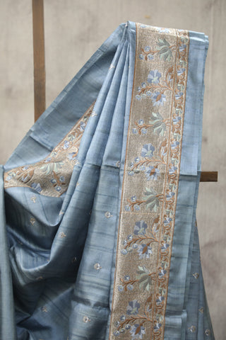 Teal Grey Machine Embroidered Tussar Silk Saree - SRTGMETSS928