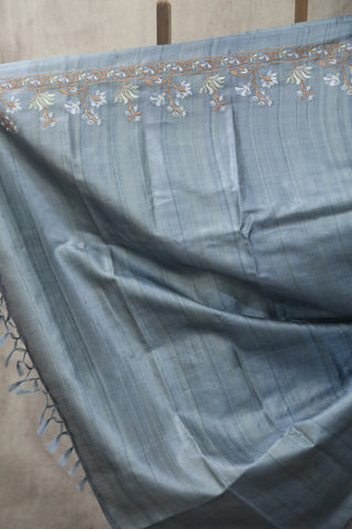 Teal Grey Machine Embroidered Tussar Silk Saree - SRTGMETSS928