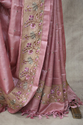 Pink Machine Embroidered Tussar Silk Saree - SRPMETSS930