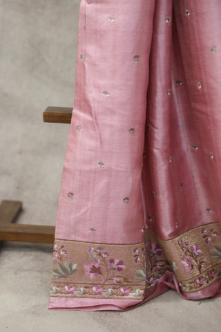 Pink Machine Embroidered Tussar Silk Saree - SRPMETSS930