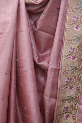 Pink Machine Embroidered Tussar Silk Saree - SRPMETSS930