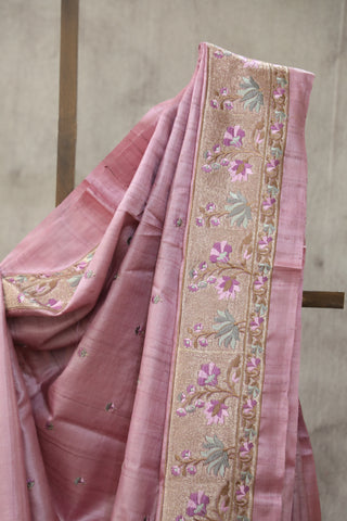 Pink Machine Embroidered Tussar Silk Saree - SRPMETSS930