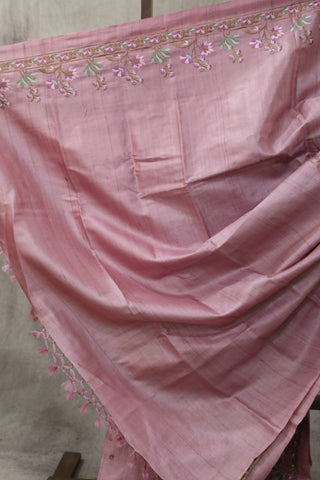 Pink Machine Embroidered Tussar Silk Saree - SRPMETSS930