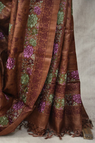 Brown Machine Embroidered Tussar Silk Saree - SRBMETSS929