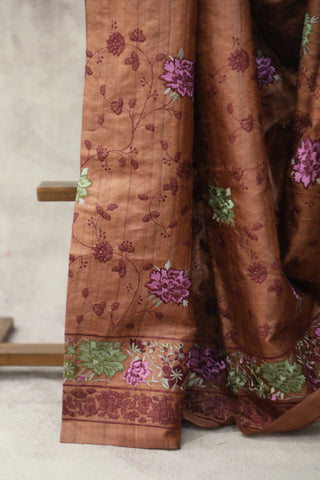 Brown Machine Embroidered Tussar Silk Saree - SRBMETSS929