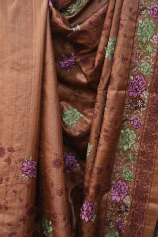 Brown Machine Embroidered Tussar Silk Saree - SRBMETSS929