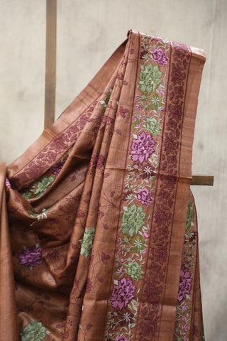 Brown Machine Embroidered Tussar Silk Saree - SRBMETSS929