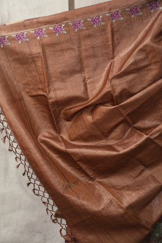 Brown Machine Embroidered Tussar Silk Saree - SRBMETSS929