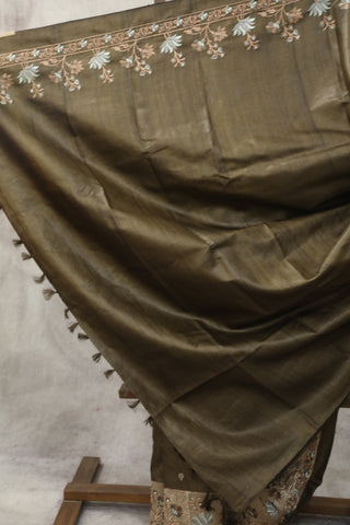 Coffee Brown Machine Embroidered Tussar Silk Saree - SRCBMETSS931