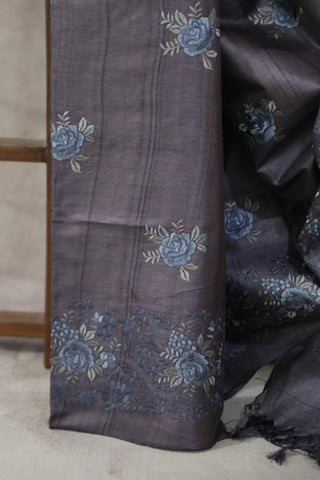 Dark Purple Machine Embroidered Tussar Silk Saree - SRDPMETSS944