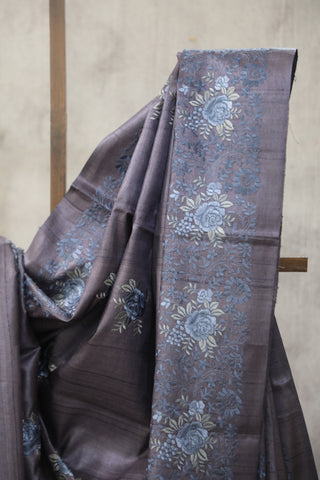 Dark Purple Machine Embroidered Tussar Silk Saree - SRDPMETSS944