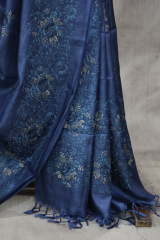 Blue Machine Embroidered Tussar Silk Saree - SRBMETSS948