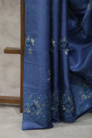 Blue Machine Embroidered Tussar Silk Saree - SRBMETSS948