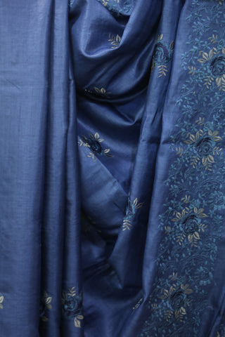 Blue Machine Embroidered Tussar Silk Saree - SRBMETSS948