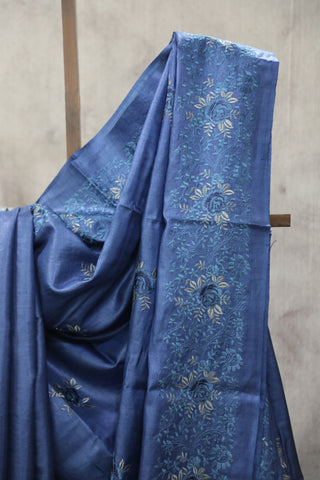 Blue Machine Embroidered Tussar Silk Saree - SRBMETSS948