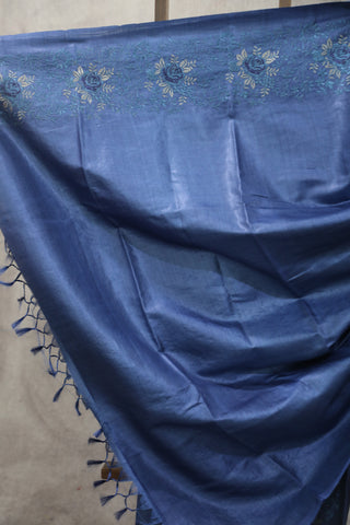 Blue Machine Embroidered Tussar Silk Saree - SRBMETSS948