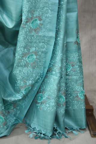 Aqua Machine Embroidered Tussar Silk Saree - SRAMETSS952