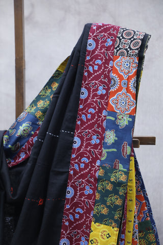 Black Cotton Patchwork Saree-SRBCPWS183