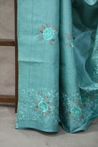 Aqua Machine Embroidered Tussar Silk Saree - SRAMETSS952