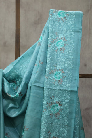 Aqua Machine Embroidered Tussar Silk Saree - SRAMETSS952