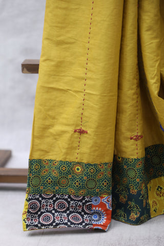 Mustard Yellow Cotton Patchwork Saree-SRMYCPWS195