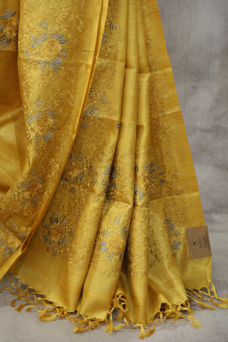 Yellow Machine Embroidered Tussar Silk Saree - SRYMETSS951