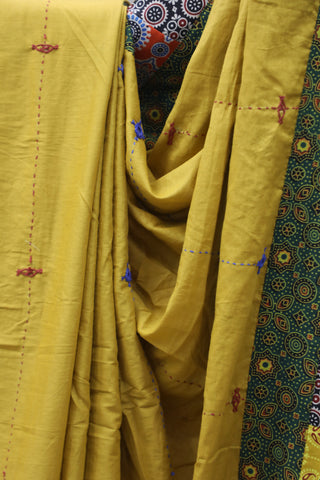 Mustard Yellow Cotton Patchwork Saree-SRMYCPWS195