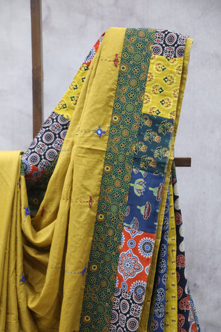 Mustard Yellow Cotton Patchwork Saree-SRMYCPWS195