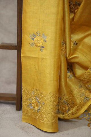 Yellow Machine Embroidered Tussar Silk Saree - SRYMETSS951