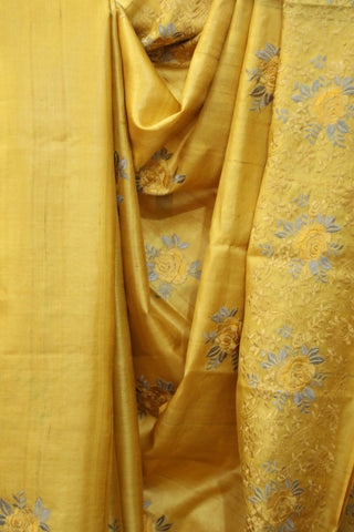 Yellow Machine Embroidered Tussar Silk Saree - SRYMETSS951