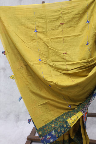 Mustard Yellow Cotton Patchwork Saree-SRMYCPWS195