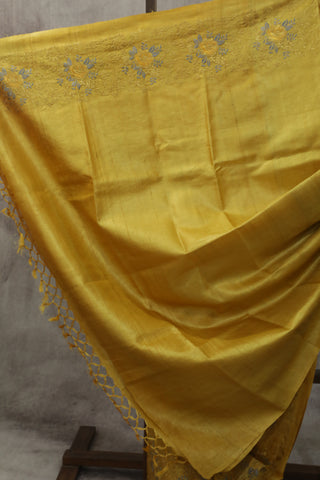 Yellow Machine Embroidered Tussar Silk Saree - SRYMETSS951