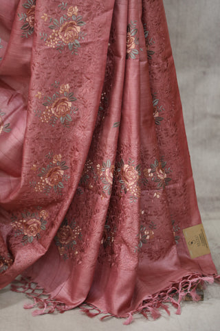 Pink Machine Embroidered Tussar Silk Saree - SRPMETSS949