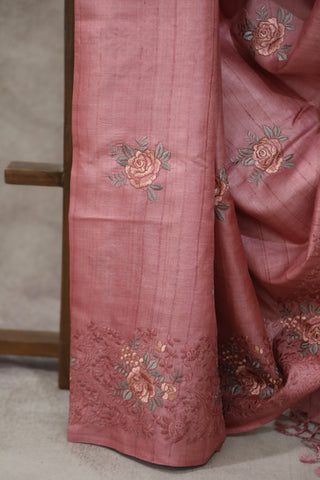 Pink Machine Embroidered Tussar Silk Saree - SRPMETSS949