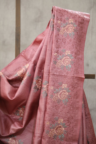 Pink Machine Embroidered Tussar Silk Saree - SRPMETSS949