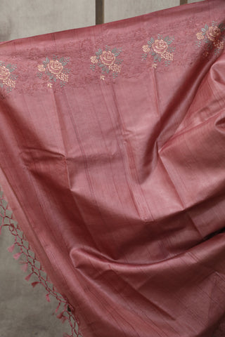 Pink Machine Embroidered Tussar Silk Saree - SRPMETSS949