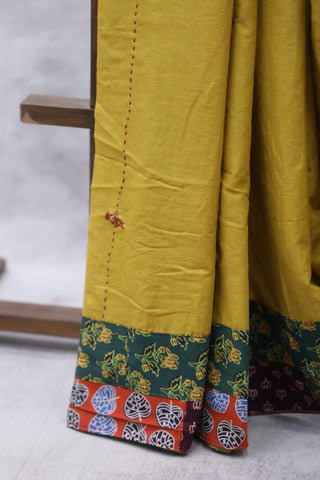 Mustard Yellow Cotton Patchwork Saree-SRMYCPWS198