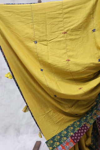 Mustard Yellow Cotton Patchwork Saree-SRMYCPWS198