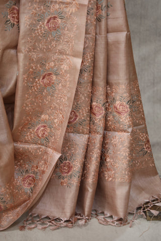 Peach Machine Embroidered Tussar Silk Saree - SRPMETSS950