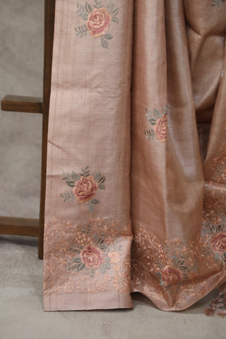 Peach Machine Embroidered Tussar Silk Saree - SRPMETSS950