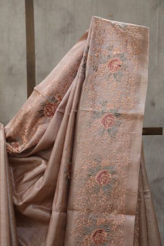 Peach Machine Embroidered Tussar Silk Saree - SRPMETSS950