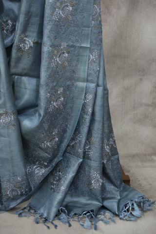 Teal Grey Machine Embroidered Tussar Silk Saree - SRTGMETSS946