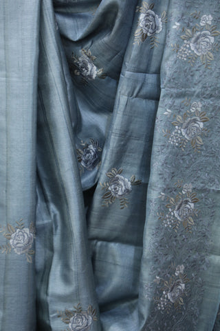 Teal Grey Machine Embroidered Tussar Silk Saree - SRTGMETSS946