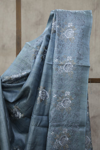 Teal Grey Machine Embroidered Tussar Silk Saree - SRTGMETSS946