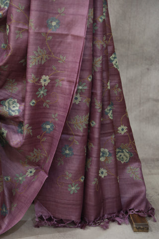 Purple Embroidered Tussar Silk Saree - SRPETSS890