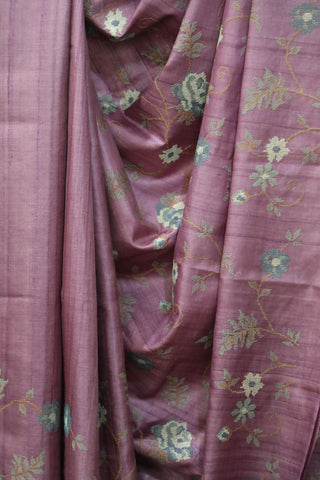 Purple Embroidered Tussar Silk Saree - SRPETSS890