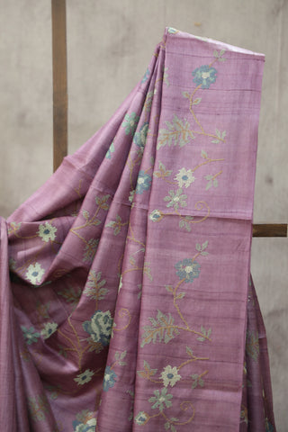 Purple Embroidered Tussar Silk Saree - SRPETSS890